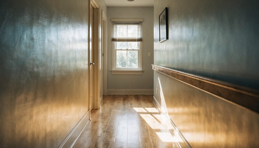 Corredor de casa iluminado, com apoio de parede e chão desimpedido