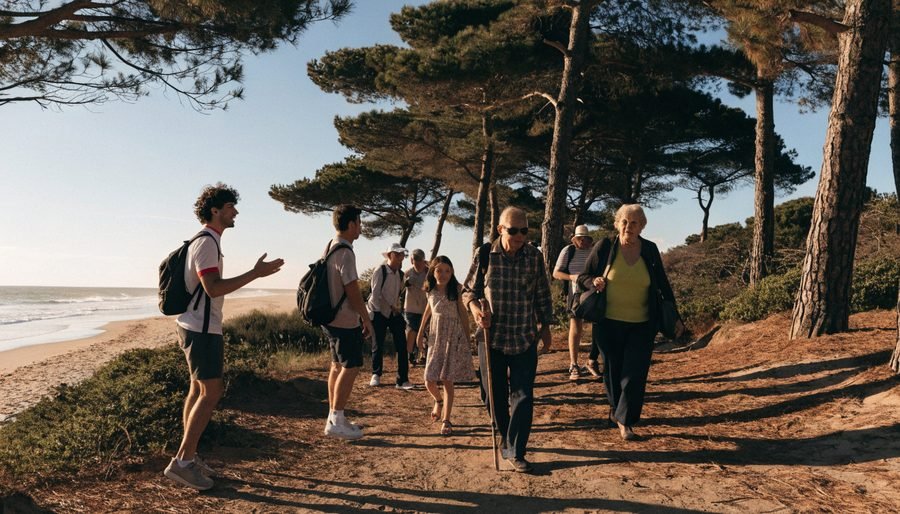 Grupo de várias gerações a caminhar num trilho junto à costa