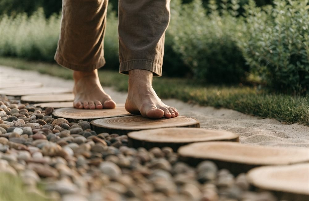 Pés descalços a percorrer um caminho sensorial de seixos, madeira e relva