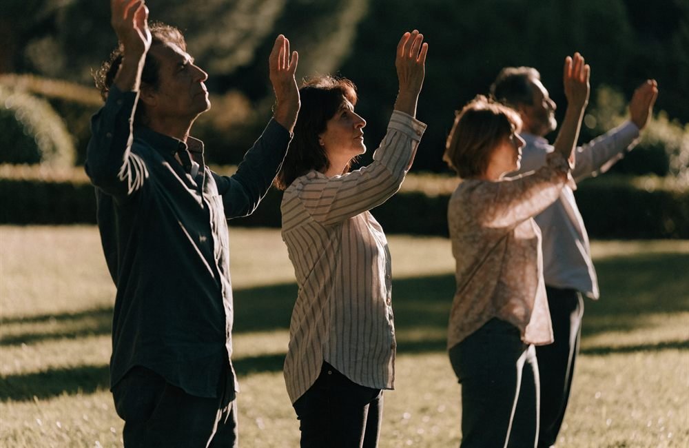 Grupo de adultos a praticar tai chi no relvado, ao fim da tarde