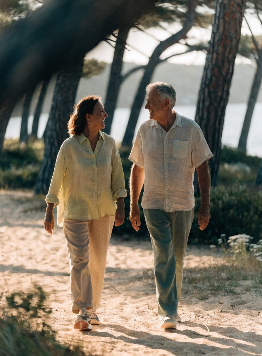 Casal na casa dos cinquenta a caminhar num pinhal ao fim da tarde