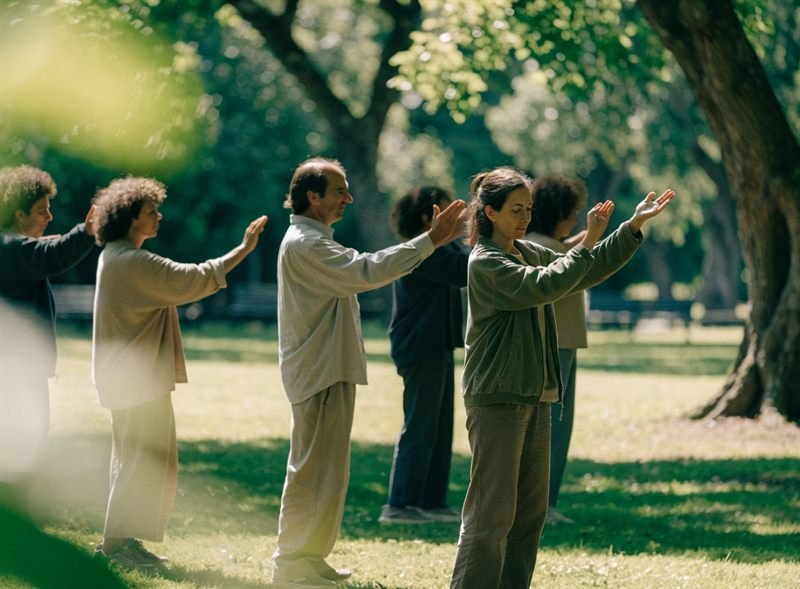 Grupo de adultos na casa dos quarenta a praticar tai chi num jardim